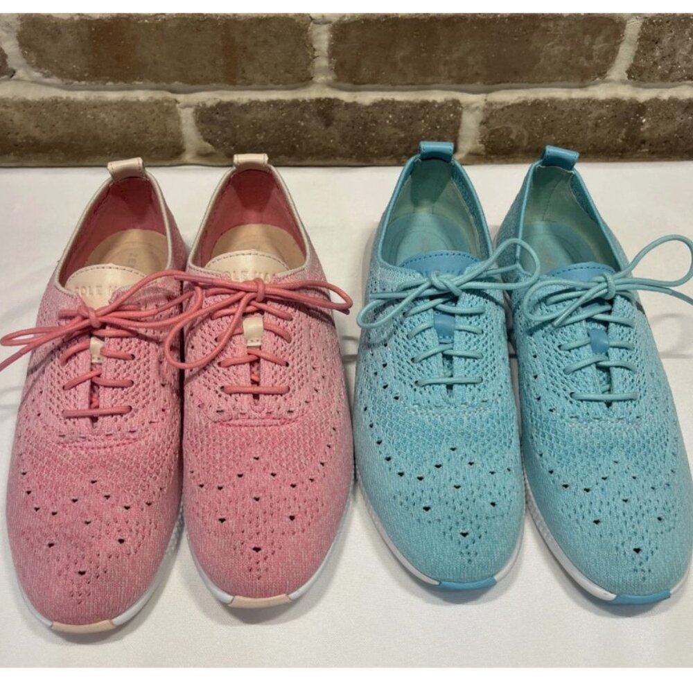 COLE HAAN Zerogrand TWO Pairs of Knit Sneaker Shoes Lace Up Turqoise/Pink 6B